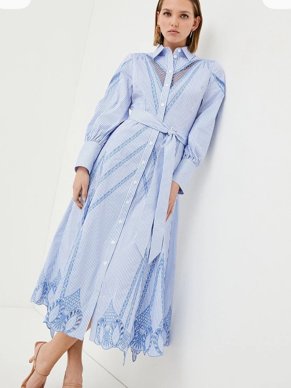 Karen Millen Lace Appliqué Striped Shirt Dress 14 Classic Preppy Office Scandi